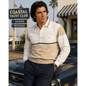 Mens Alexxus Vintage 90s Long Sleeve Polo Shirt White Tan Colorblock Grandpacore